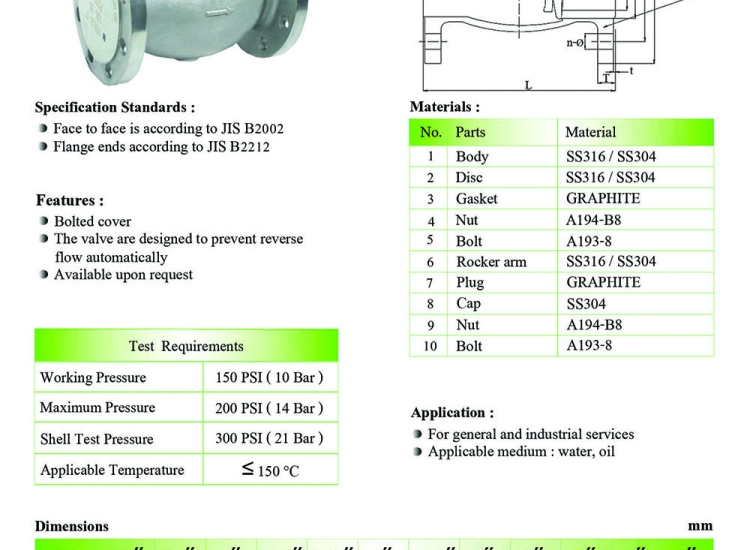 VAN 1 CHIỀU LÁ LẬT INOX 304 ARITA JIS10K/ ARITA-SS304-SWING-CHECK-VALVE-JIS10K